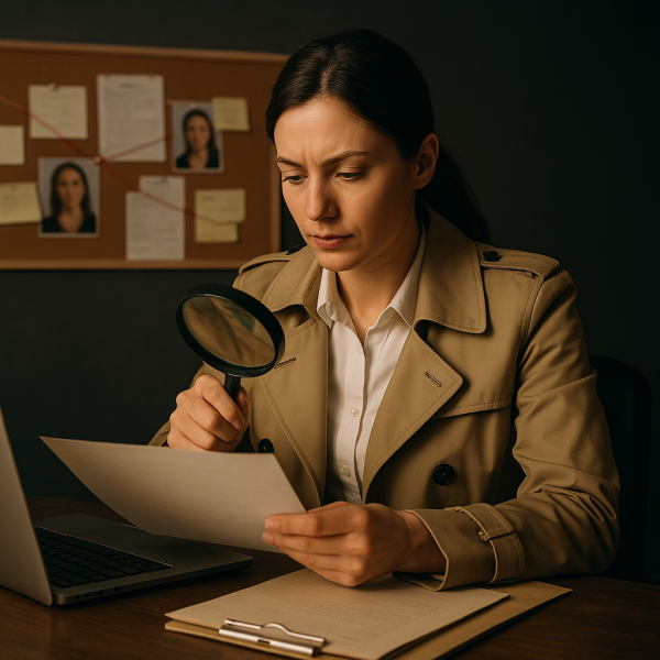 트렌치코트를 입은 여성 탐정이 사무실 책상에서 돋보기로 문서를 조사하고 있고, 뒤편에 사건 자료와 사진이 정리된 코르크 보드가 보이는 장면
