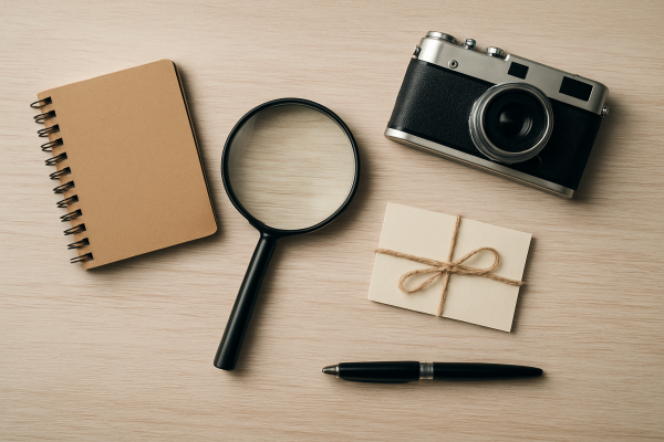 탐정사무소를 상징하는 돋보기, 노트, 빈 봉투, 빈티지 카메라가 배열된 탐정 소품 평면 사진